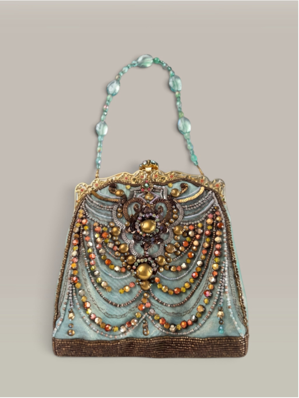 Larisa Barrera STUNNING Beaded Clutch Hand Bag Mint Green Party Black Tie